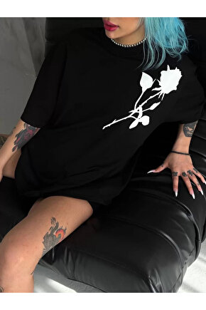 Unisex Bisiklet Yaka Baskılı Oversize T-Shirt - Siyah