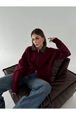 Deri Yakalı Pamuk dokulu Çift Taraflı Çalışan Fermuar Ceket - Bordo