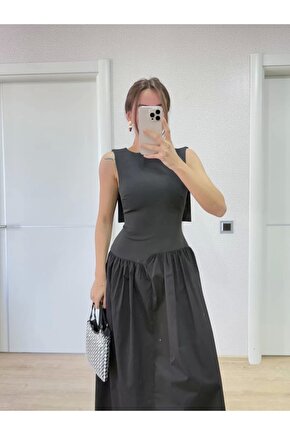 Krep Arkası Kanat Arka Ön Pens Detaylı Uzun Kadın Elbise - Siyah