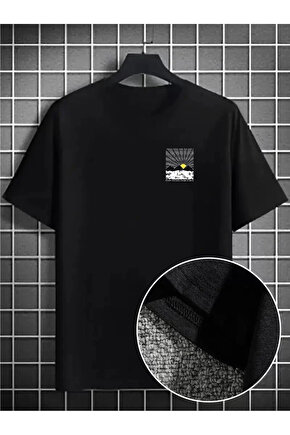 Erkek Dağ Grafikli Tişört, Yaz için Büyük Beden Rahat T-shirt - Siyah