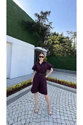 Kadın Yakalı Gömlek Kemerli Şortlu Takım - Bordo