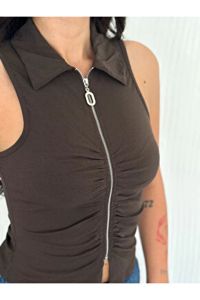 Yakalı Tam Fermuarlı Kolsuz Bluz - Kahverengi