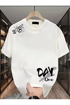 Day One Baskılı Oversize Bisiklet Yaka T-shirt - Beyaz