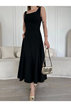 Sırt Dekolteli Kolsuz Uzun Elbise - Siyah