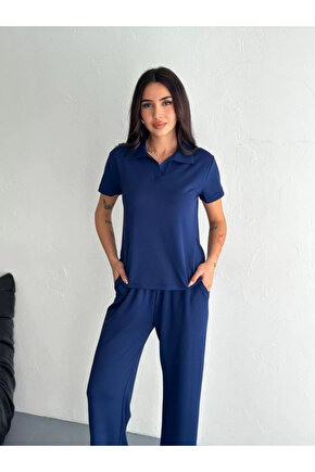 Osy Modal Yumuşak Dokulu Kumaş Kısa Kollu Yakalı T-shirt Pantalon ikili Takım- Lacivert
