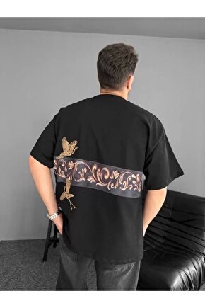 Ön ve Arka Baskılı Oversize Bisiklet Yaka T-shirt - Siyah