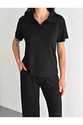 Osy Modal Yumuşak Dokulu Kumaş Kısa Kollu Yakalı T-shirt Pantalon ikili Takım- Siyah