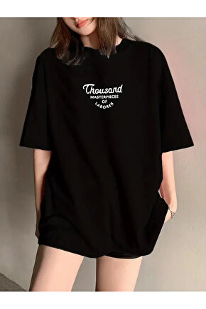 Thousand Ön Arka Baskılı Oversize Bisiklet Yaka T-shirt - Siyah