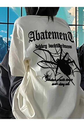 Örümcek Ağı Desenli Baskılı Oversize Bisiklet Yaka T-shirt - Beyaz