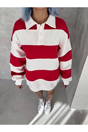 Unisex Üç İplik Parçalı Yakalı SweatShirt - Kırmızı