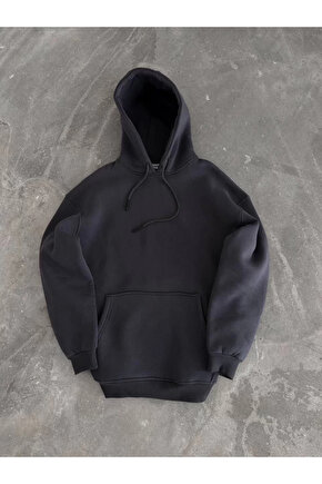 Kapüşonlu Üç İplik Penye Basic SweatShirt - Füme