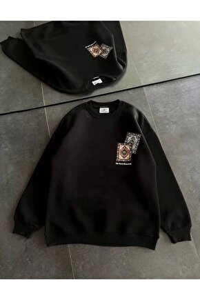 Kadın Bisiklet Yaka Baskılı SweatShirt - Siyah
