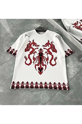 Unisex Bisiklet Yaka Baskılı Oversize T-Shirt - Beyaz