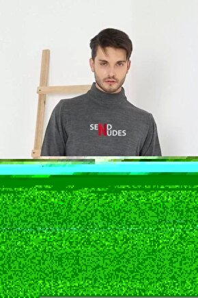 Unisex Yarım Boğazlı Baskılı Dokuma Triko - Füme