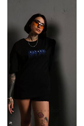 Unisex Bisiklet Yaka Baskılı Oversize T-Shirt - Siyah