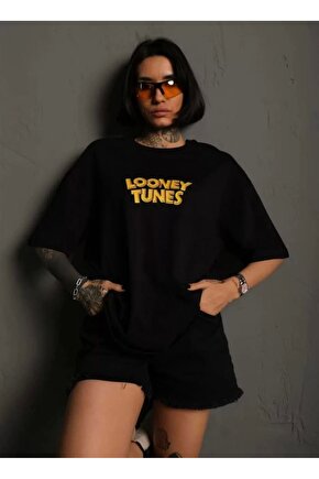 Unisex Bisiklet Yaka Baskılı Oversize T-Shirt - Siyah