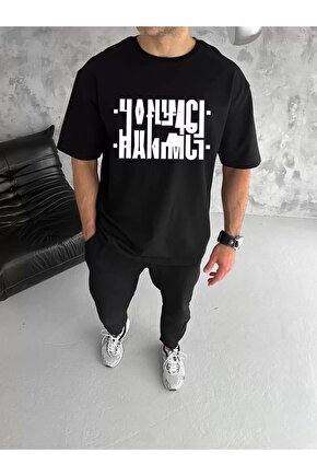 Unisex Bisiklet Yaka Katlanan Baskılı T-Shirt - Siyah