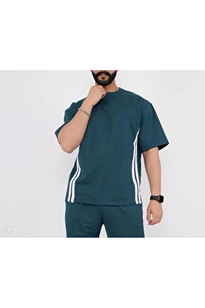 Unisex Oversize Yanları Şeritli T-Shirt - Cam Göbeği