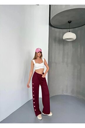 Osy Modal Yumuşak Dokulu Kumaş Nakış işlemeli Rahat Bol Paça Eşofman Pantalon - Bordo
