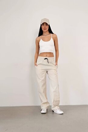 Paraşüt Kumaş Kargo Ceplı Baggy Eşofman- Bej
