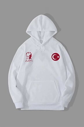 10 Kasıma Özel Üç İplik Kapüşonlu Baskılı SweatShirt - Beyaz