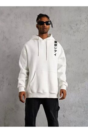 Unisex Kapşonlu Uzun Kol Baskılı Sweetshirt - Beyaz