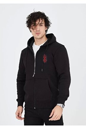 Unisex Baskılı Tam Fermuarlı Kapşonlu SweatShirt - Siyah