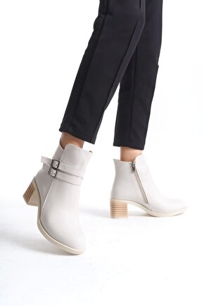 NOEMI Tokalı Fermuarlı Ortopedik Taban TopukluKadın Bot KT - Krem