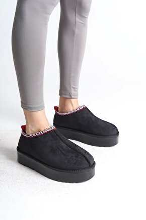 LEILA Bağcıksız Düz ve Kalın Taban İçi Kürklü Kısa Süet Kadın Bot SST - Siyah