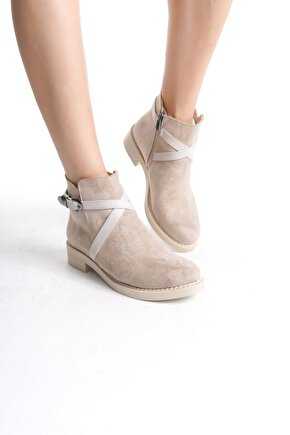 Almıla Fermuarlı Lastikli Ortopedik Taban Topuklu Süet Kadın Bot Tt - Ten