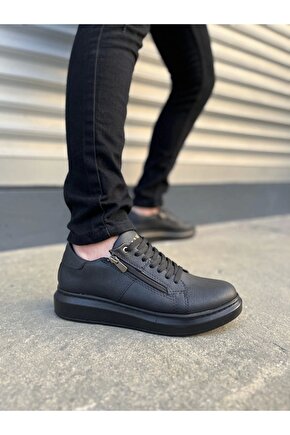 JY155 Warrior Bağcıklı ve Fermuarlı Cilt Erkek Günlük Sneaker Ayakkabı CST - Siyah