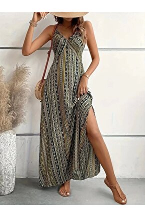 Kadın Ip Askılı Sırttan çapraz Detaylı Yırtmaçlı Desenli Süprem Elbise