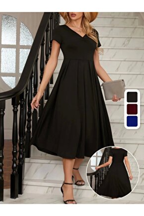 Kadın Kısa Kollu V Yakalı önden Pileli Midi Janjan Krep Elbise