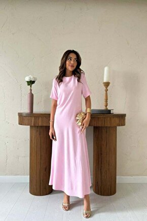 Pudra Pileli Bisiklet Yaka Elbise