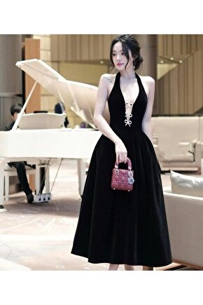 Kadın Derin V Yaka Kurdele Detaylı İthal Double Kumaş Elbise