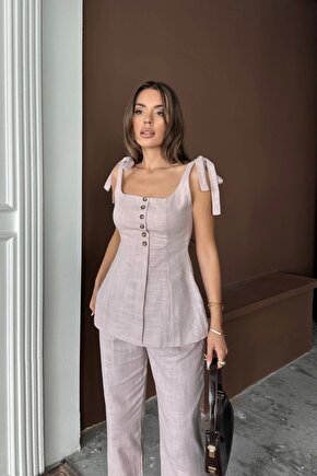 ŞANTUK KETEN YELEK GÖRÜNÜMLÜ ASKILI BLUZ - PANTOLON TK - Lila