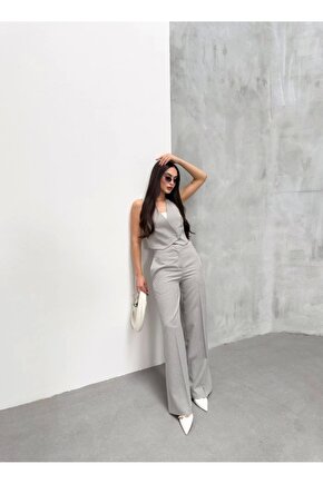 Toskana Çizgili Kruvaze Yaka Tek Düğmeli Yelek Pantolon Takim - M - A.Gri