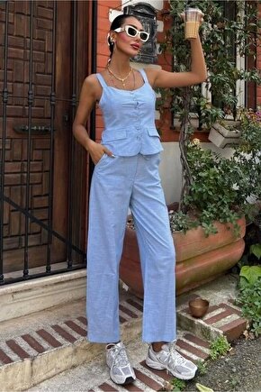 Kalın Askılı Bluz Pantolon Keten Takım 10187