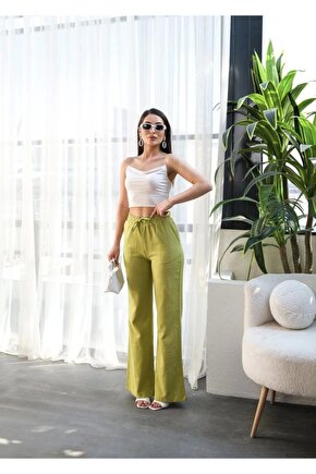 Beli astikli Ve Bağcikli Keten Pantolon