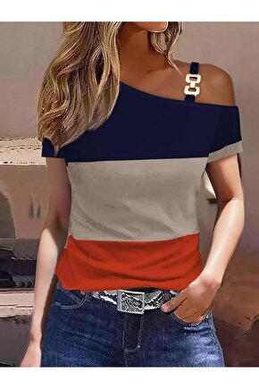 Kadın Kısa Kollu Tek Omuzu Açık Toka Detaylı çok Renkli Viskon Bluz