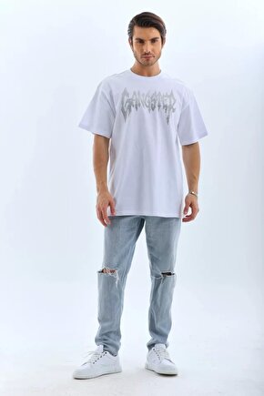 Unisex Oversize Taşlı Bisiklet Yaka T-Shirt - Beyaz