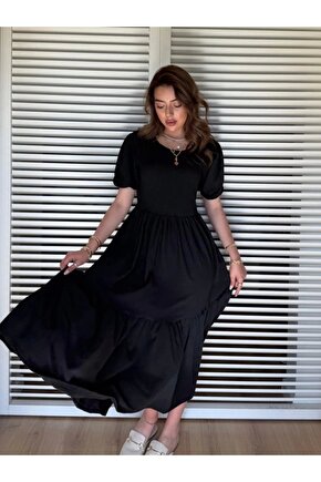 Kadın Kısa Kollu Yakası Açık Katlı Bürümcük Balon Elbise