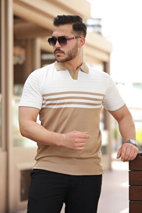 EQURİ Erkek çizgi Desenli Yakalı Kısa Kollu T-shirt