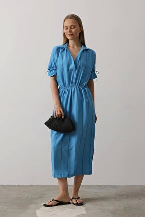 Beli Lastikli Elbise - Mavi