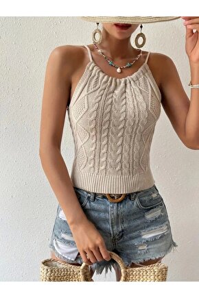 Kadın Sıfır Kol Boyun Bağlama Detay Sırt Dekolte Triko Bluz