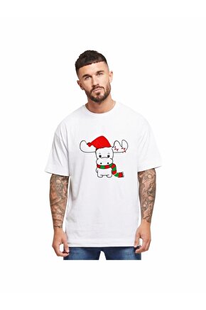 Ren Geyiği Baskılı Noel İçin T-shirt - Beyaz