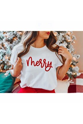 Merry Baskılı T-shirt - Beyaz