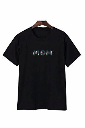 Anneler Gününe Özel Tasarım Mom Çiçek Baskılı T-shirt - Siyah