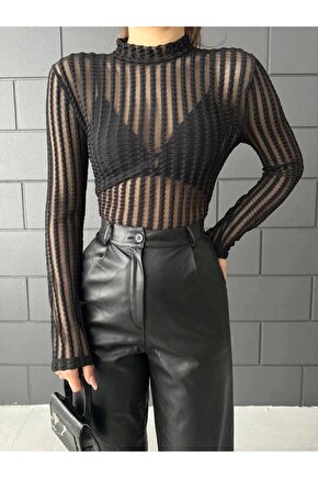 Siyah Tül Detay Transparan Bluz