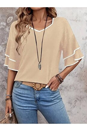 Kadın Kısa Kollu V Yakalı Viskon Bluz